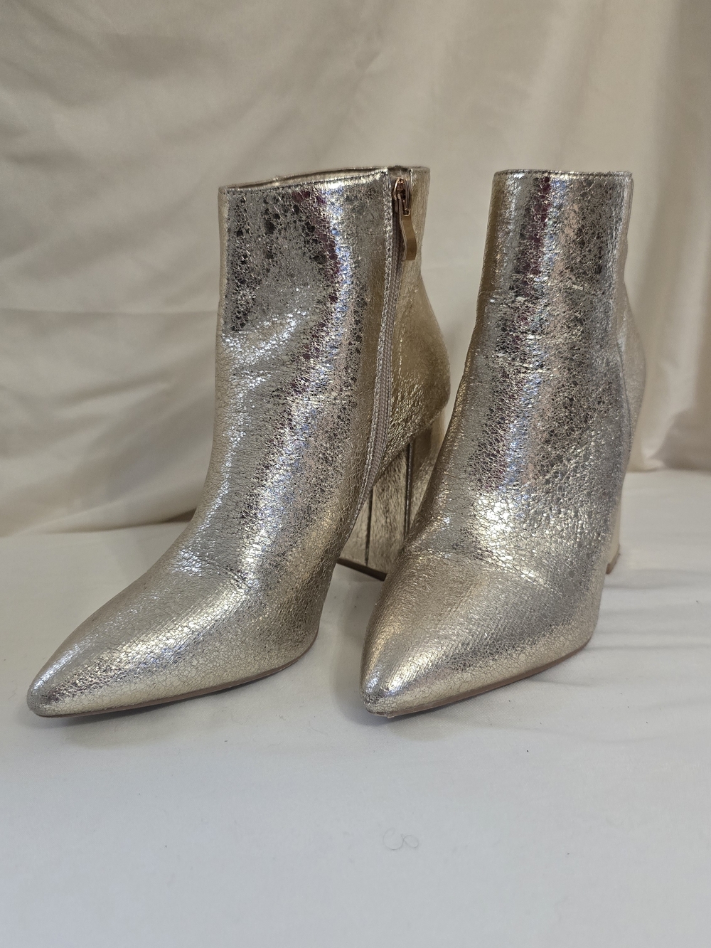 Metallic Gold Pointed-Toe Heeled Ankle Boots